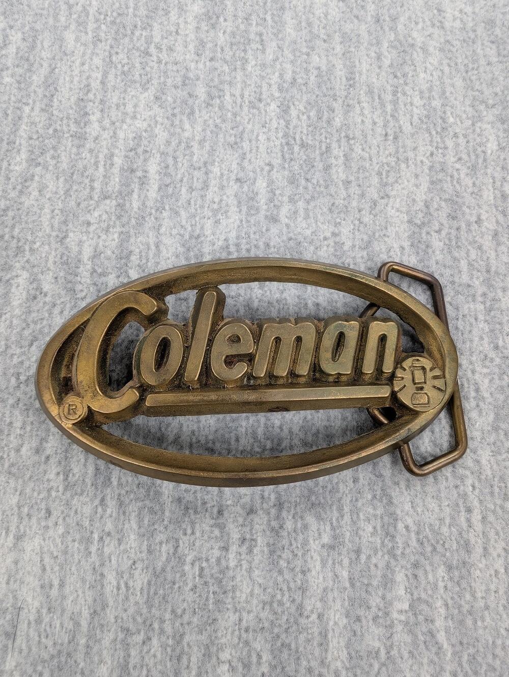 Vintage Coleman Belt Buckle Brass Tone Lantern Logo Camping Outdoor Advertising
